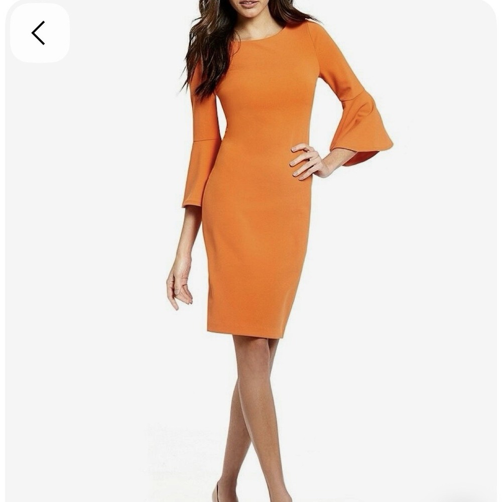 Calvin Klein Orange Bell Sleeve Stretch Crepe Sheath Dress Size 4